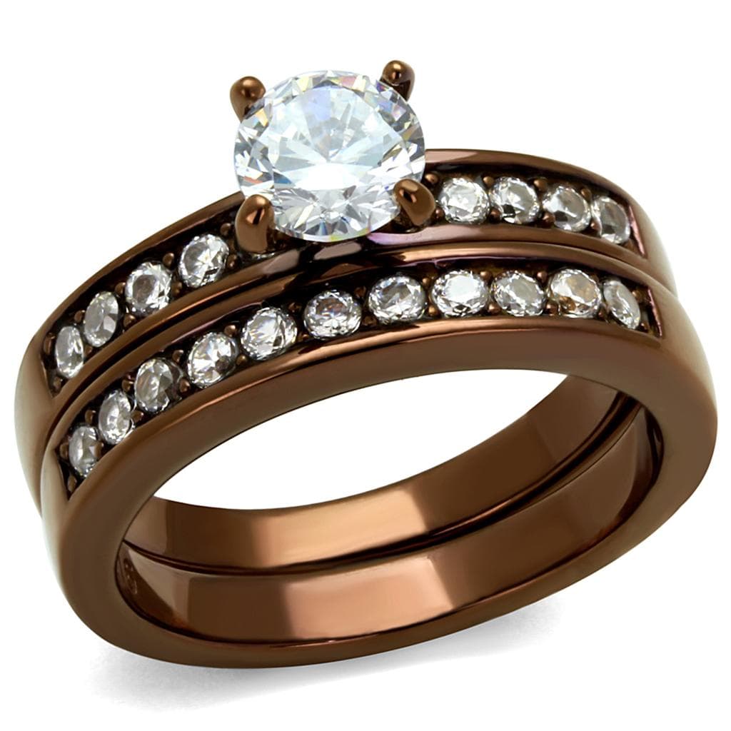 Stainless Steel Coffee IP CZ Round Solitaire Channel Bridal Ring