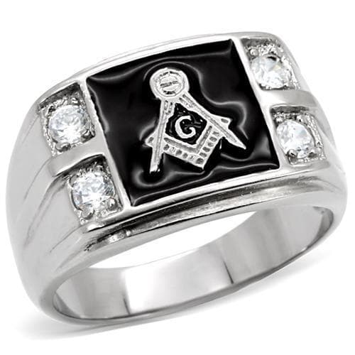 Stainless Steel Silver Masonic Rectangle CZ Side Wide Mens Ring