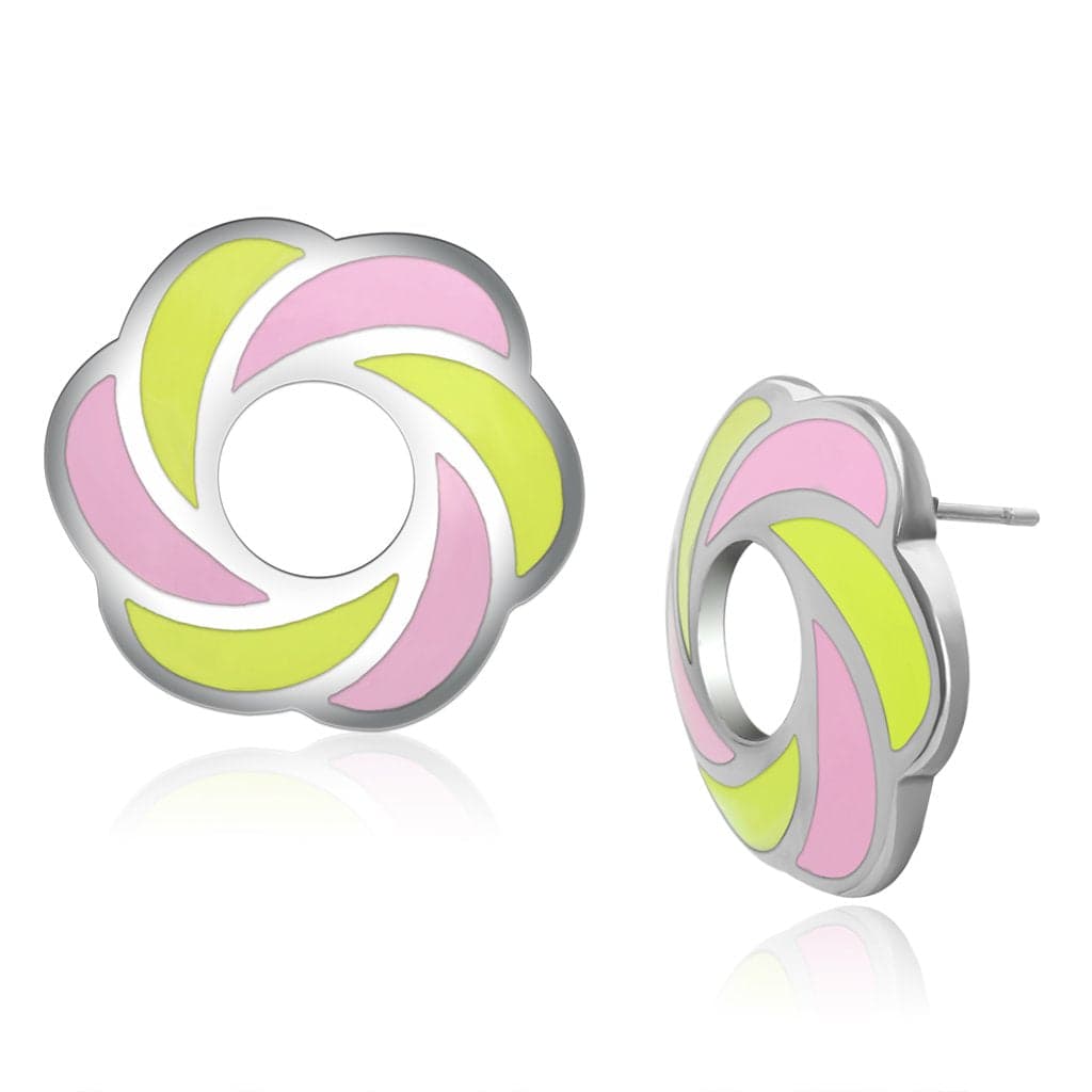 Stainless Steel Silver Yellow Pink Enamel Pinwheel Earrings
