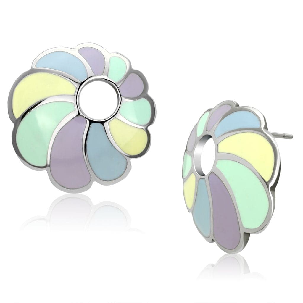 Stainless Steel Silver Pastel Multi Enamel Flower Stud Earrings