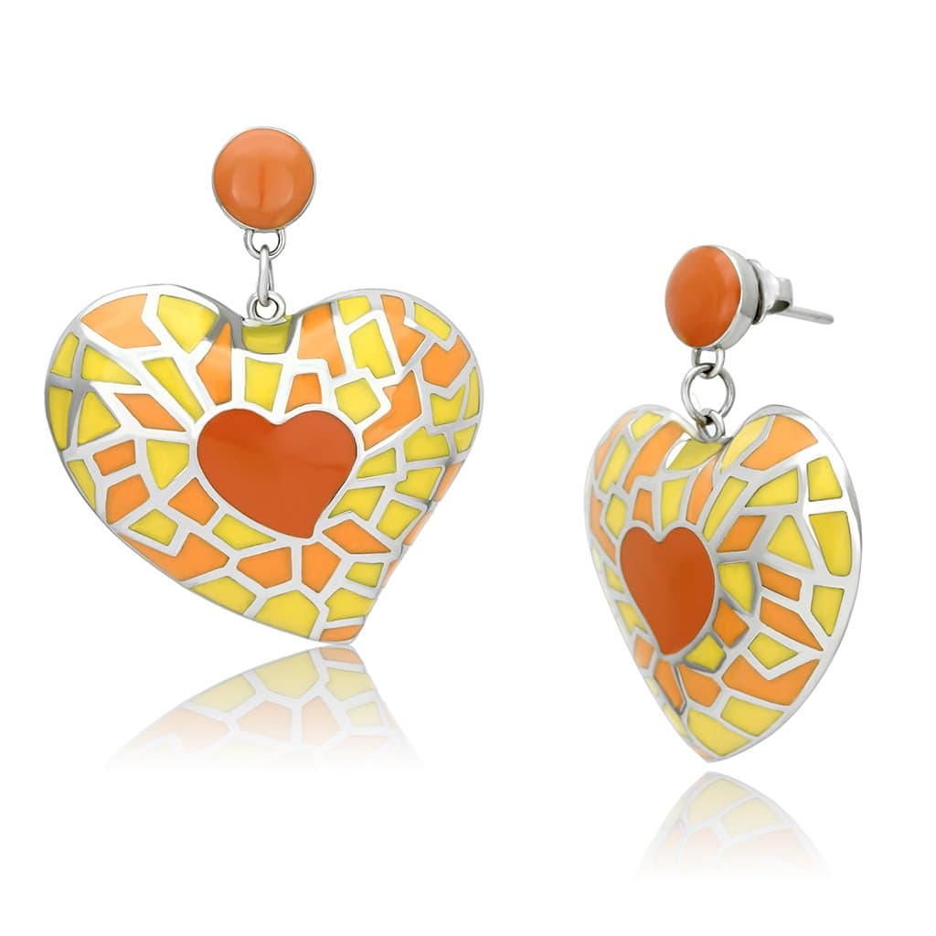 Stainless Steel Silver Orange Yellow Enamel Heart Mosaic Earrings