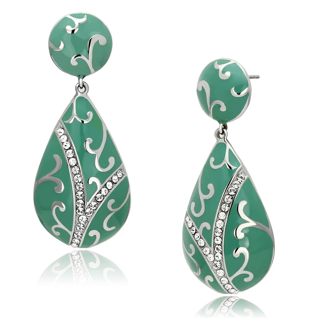 Stainless Steel Silver Teal Enamel Scroll CZ Teardrop Earrings