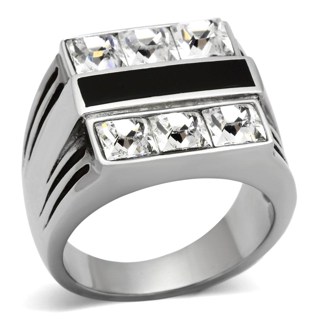 Stainless Steel Silver Black Enamel CZ Channel Stripe Mens Ring