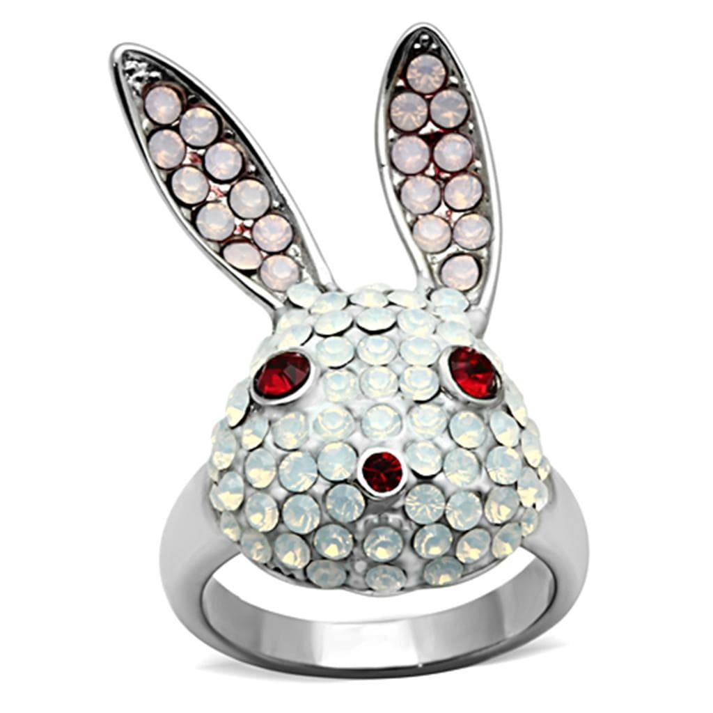 Stainless Steel Silver Crystal Pave Bunny Rabbit Red Eyes Ring