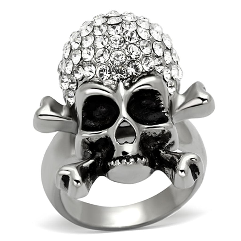 Stainless Steel Silver CZ Pave Skull Crossbones Biker Ring