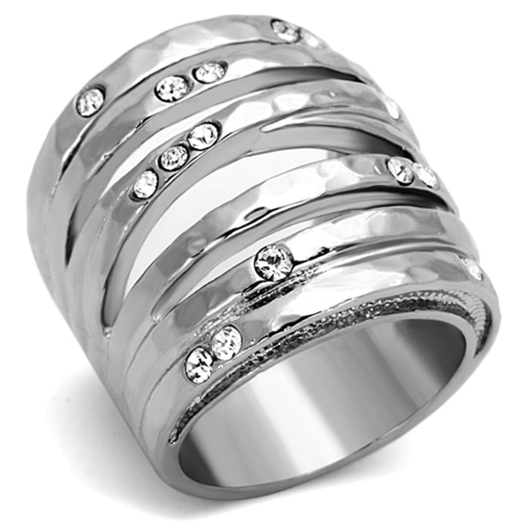 Stainless Steel Silver CZ Accent Ribbed Multi Band Wide Ring