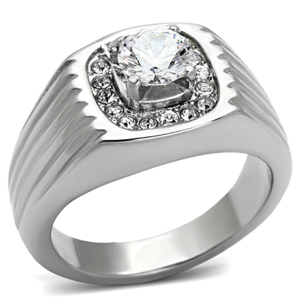 Stainless Steel Silver CZ Cushion Clear Halo Ribbed Mens Ring