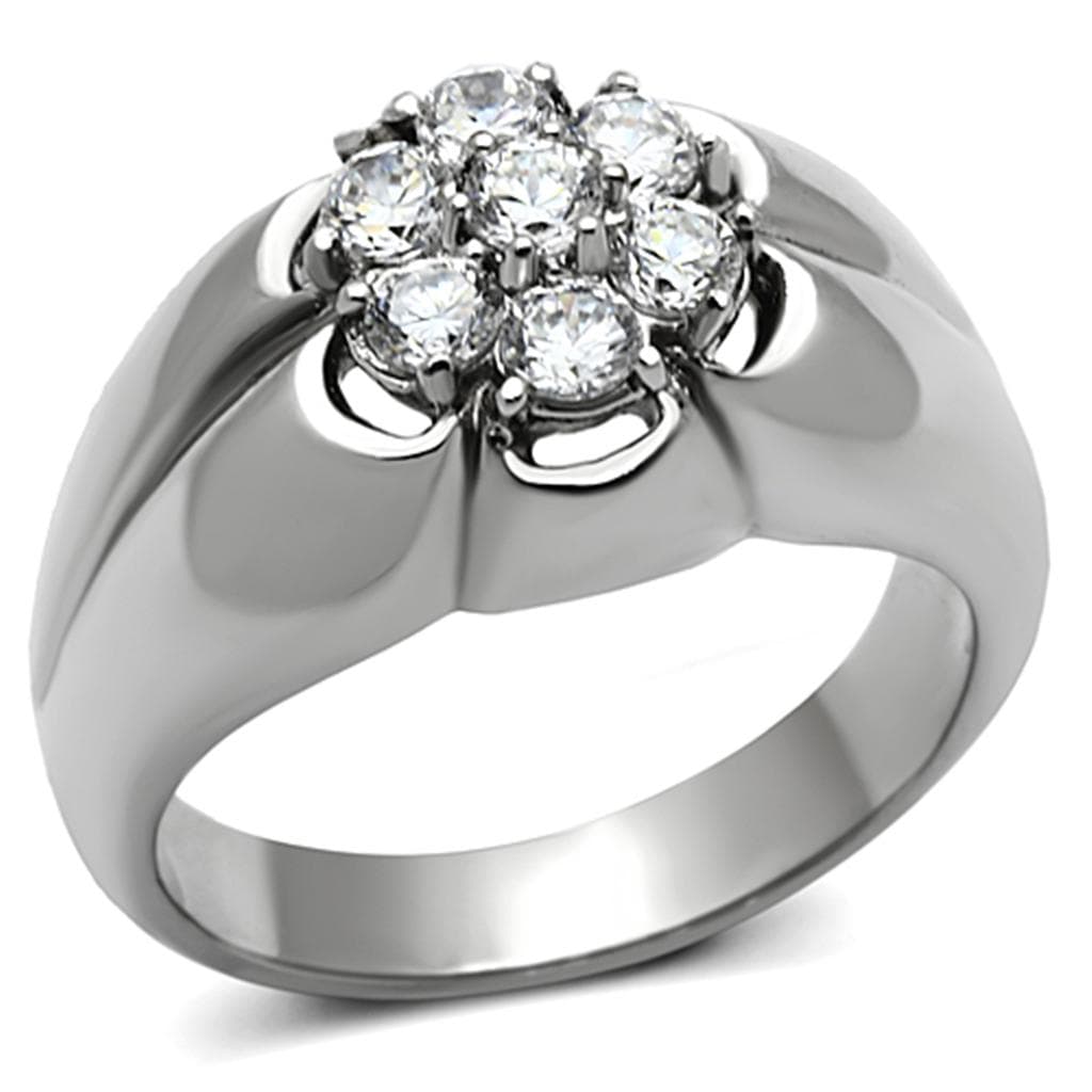 Stainless Steel Silver CZ Round Clear Cluster Flower Prong Ring