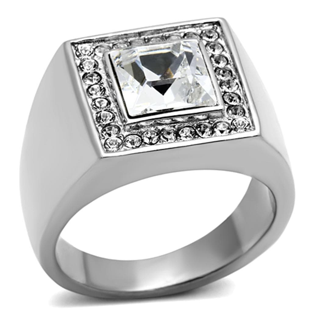 Stainless Steel Silver CZ Princess Clear Pave Halo Square Ring