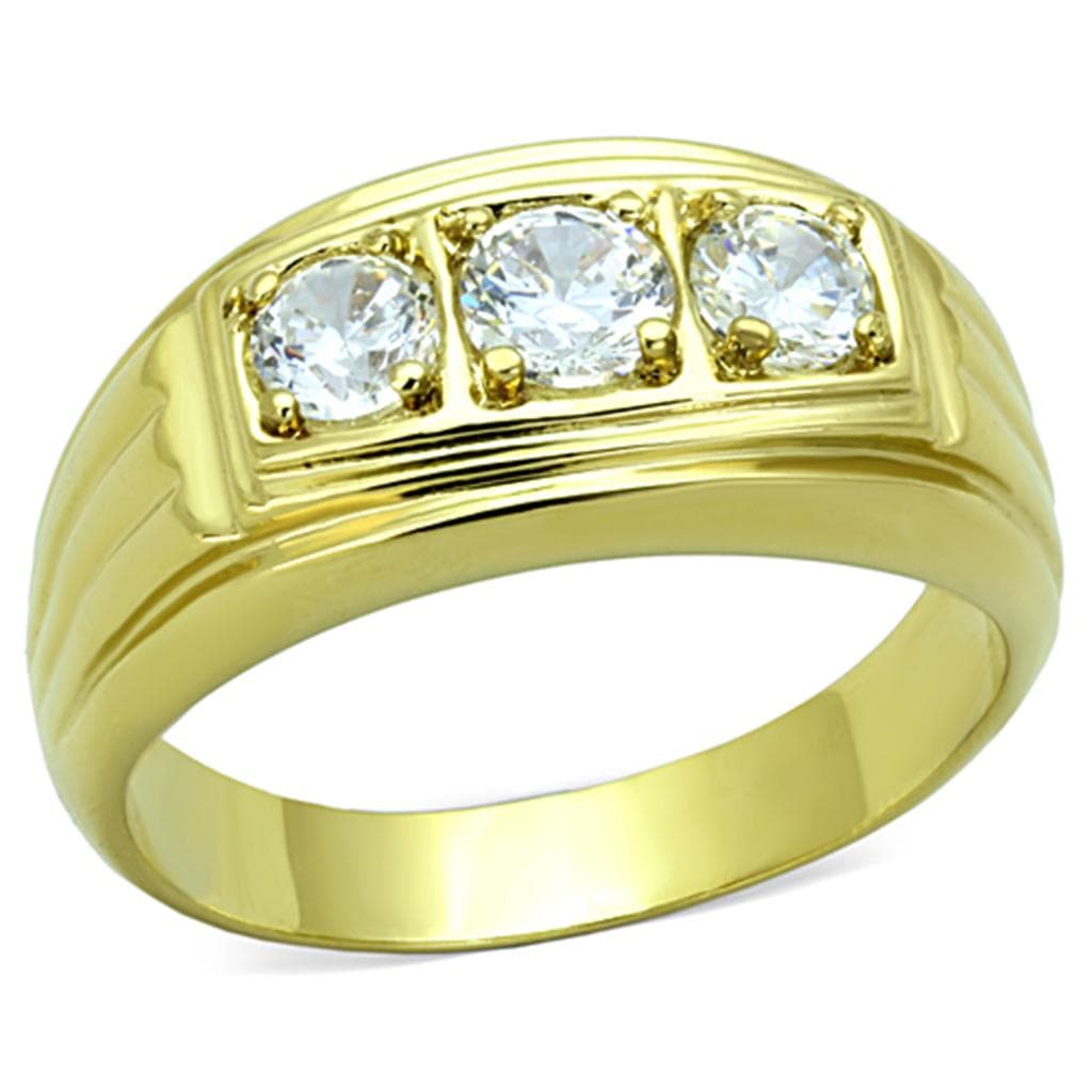 Stainless Steel Gold IP CZ Three Stone Round Channel Wide Ring