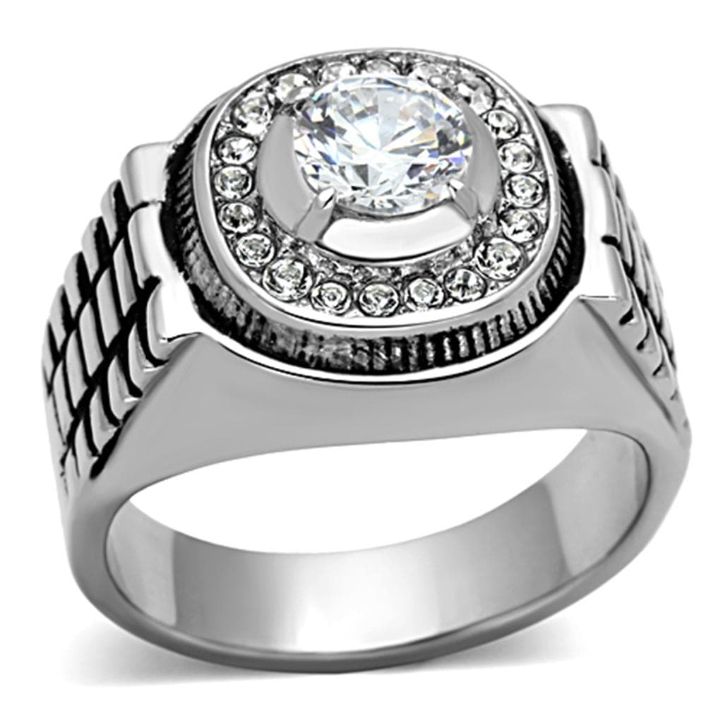 Stainless Steel Silver CZ Round Clear Halo Crosshatch Rolex Ring