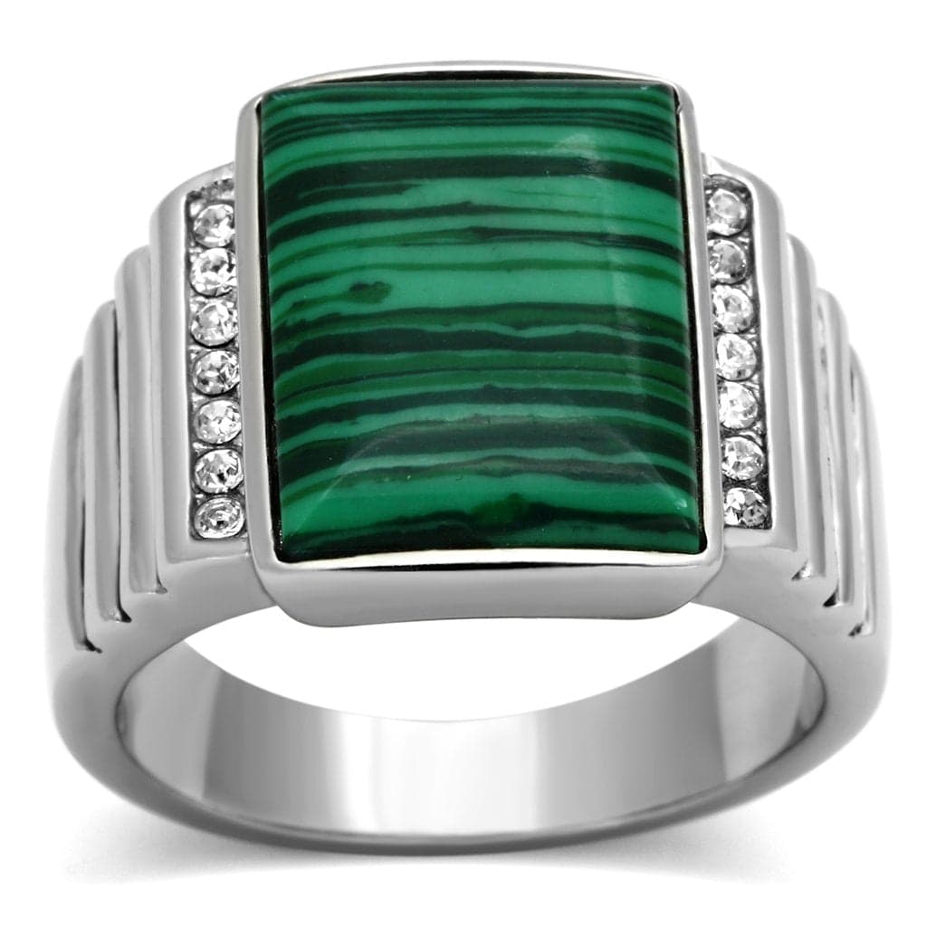 Stainless Steel Silver Malachite Rectangle CZ Channel Mens Ring