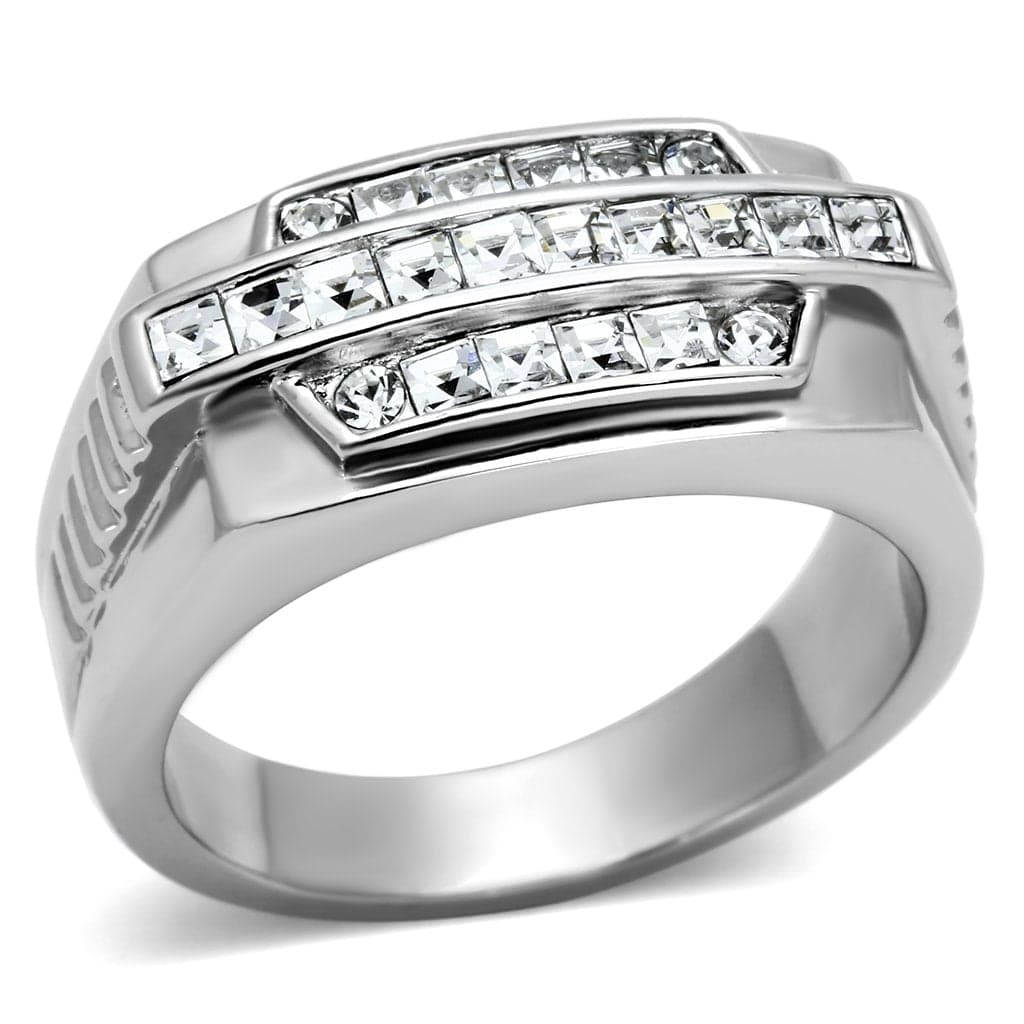 Stainless Steel Silver CZ Princess Channel Ribbed Mens Ring