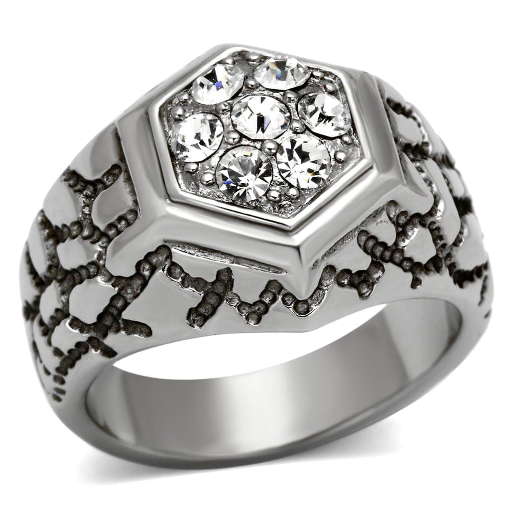 Stainless Steel Silver CZ Hexagon Pave Nugget Texture Mens Ring