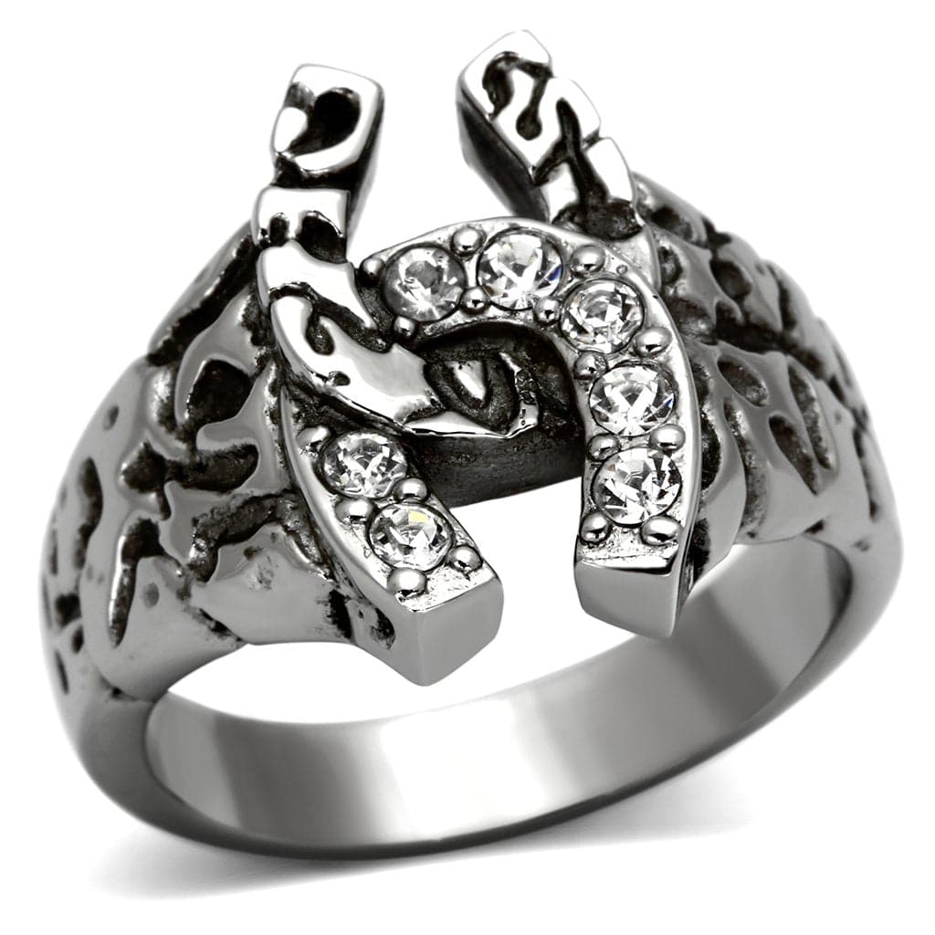 Stainless Steel Silver CZ Horseshoe Nugget Texture Biker Ring