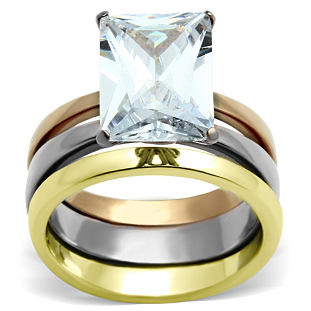 Stainless Steel Silver Gold Rose Gold Tri Tone CZ Princess Ring