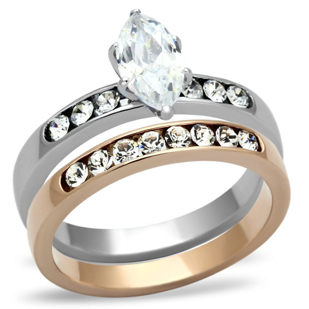 Stainless Steel Silver Rose Gold Tri Tone CZ Marquise Ring