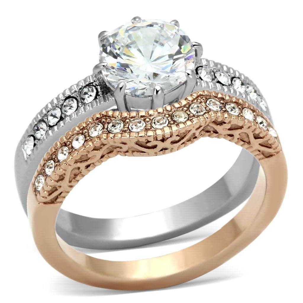 Stainless Steel Silver Rose Gold Tri Tone CZ Round Halo Ring