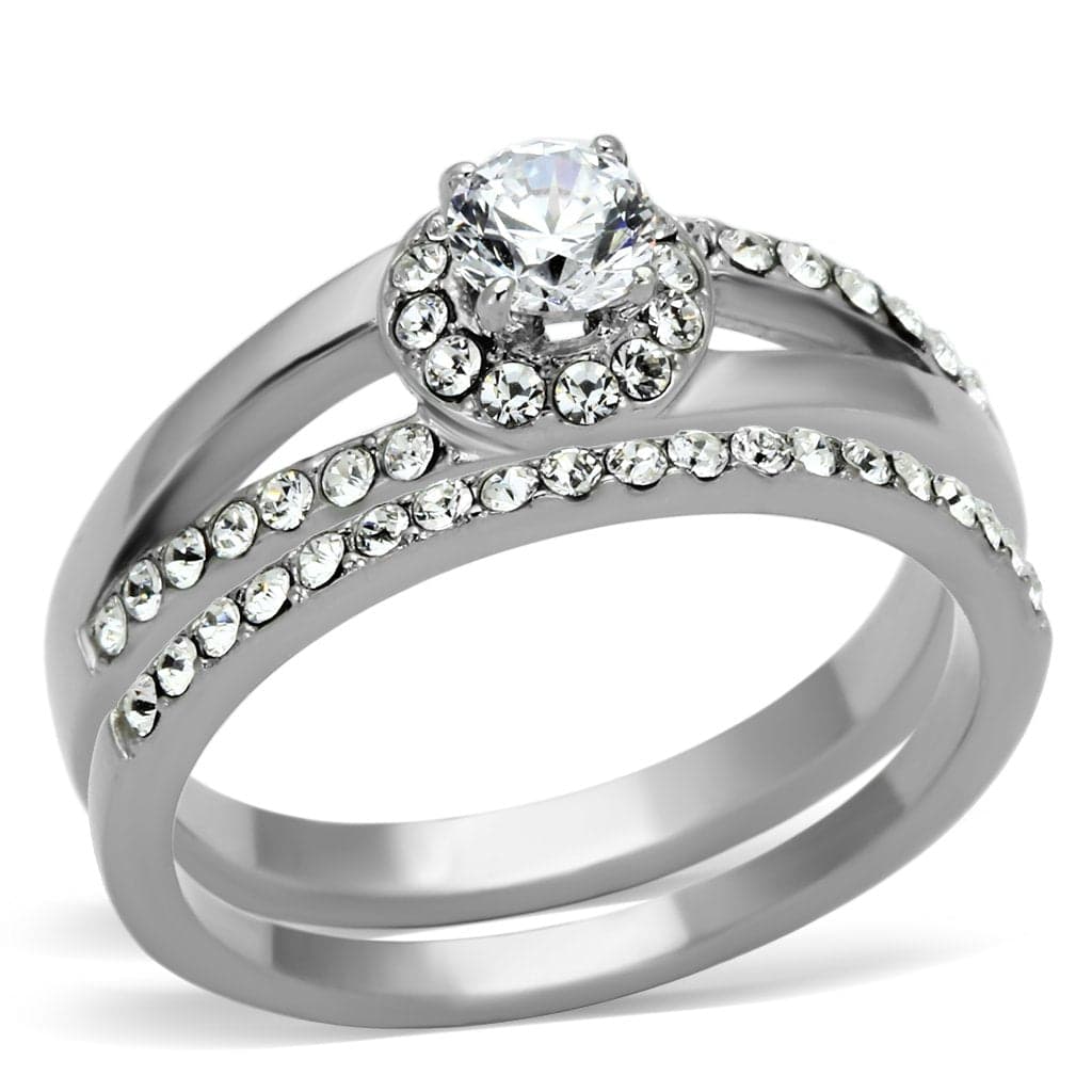 Stainless Steel Silver CZ Round Halo Baguette Side Bridal Ring