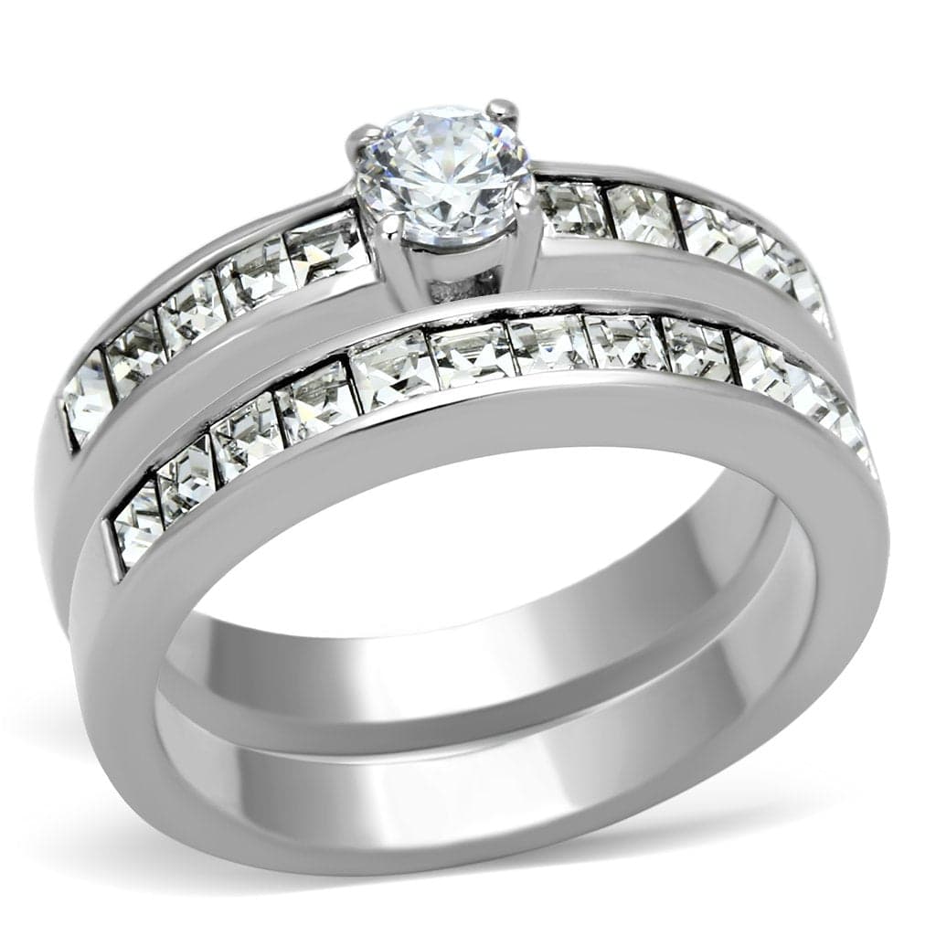 Stainless Steel Silver CZ Princess Channel Wide Baguette Ring