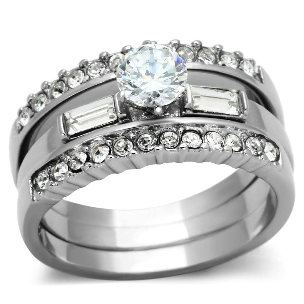 Stainless Steel Silver CZ Round Solitaire Baguette Channel Ring