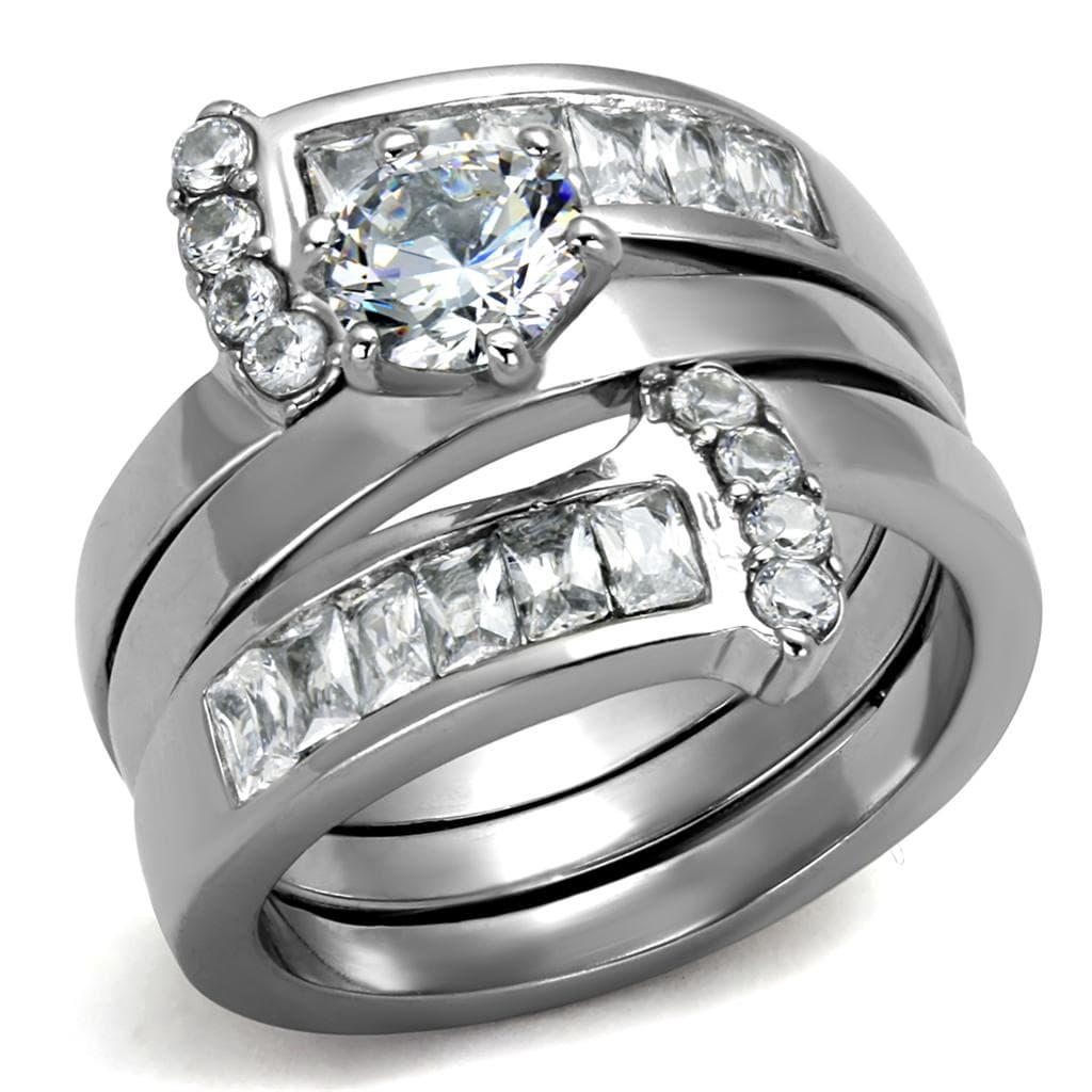 Stainless Steel Silver CZ Round Halo Princess Channel Bridal Ring