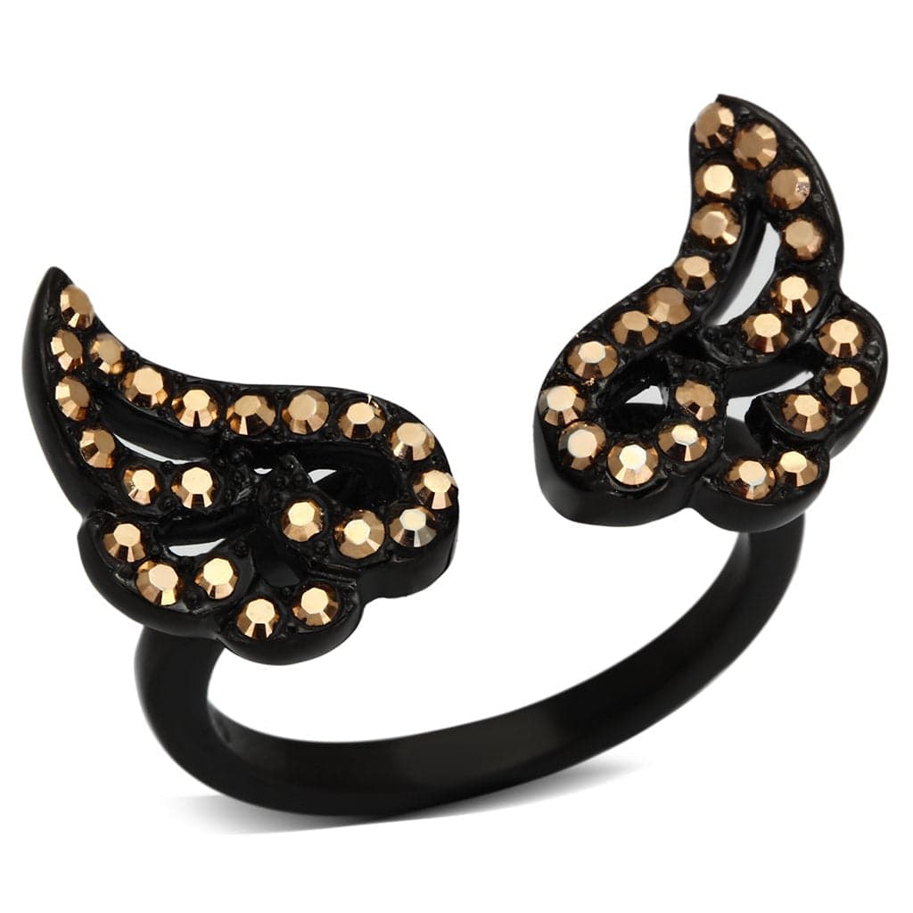 Stainless Steel Dark IP Champagne Crystal Wing Open Ring