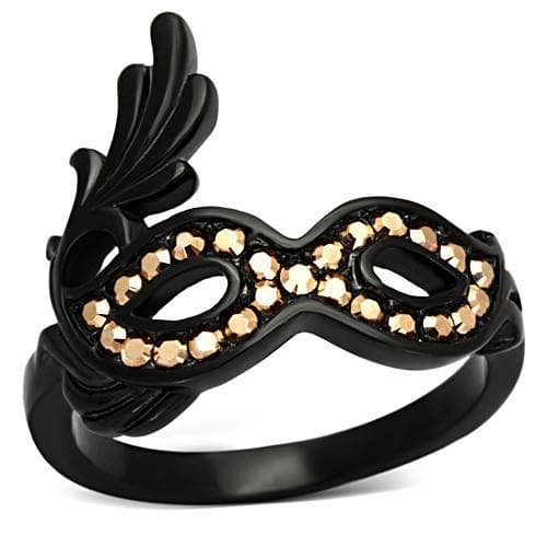 Stainless Steel Dark IP Champagne Crystal Masquerade Mask Ring