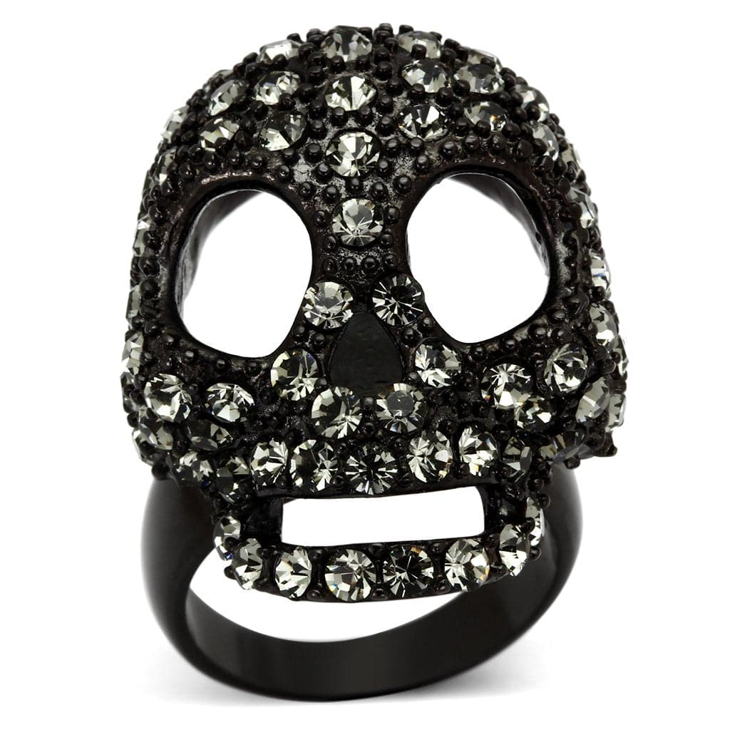 Stainless Steel Dark IP Crystal Pave Skull 3D Ring