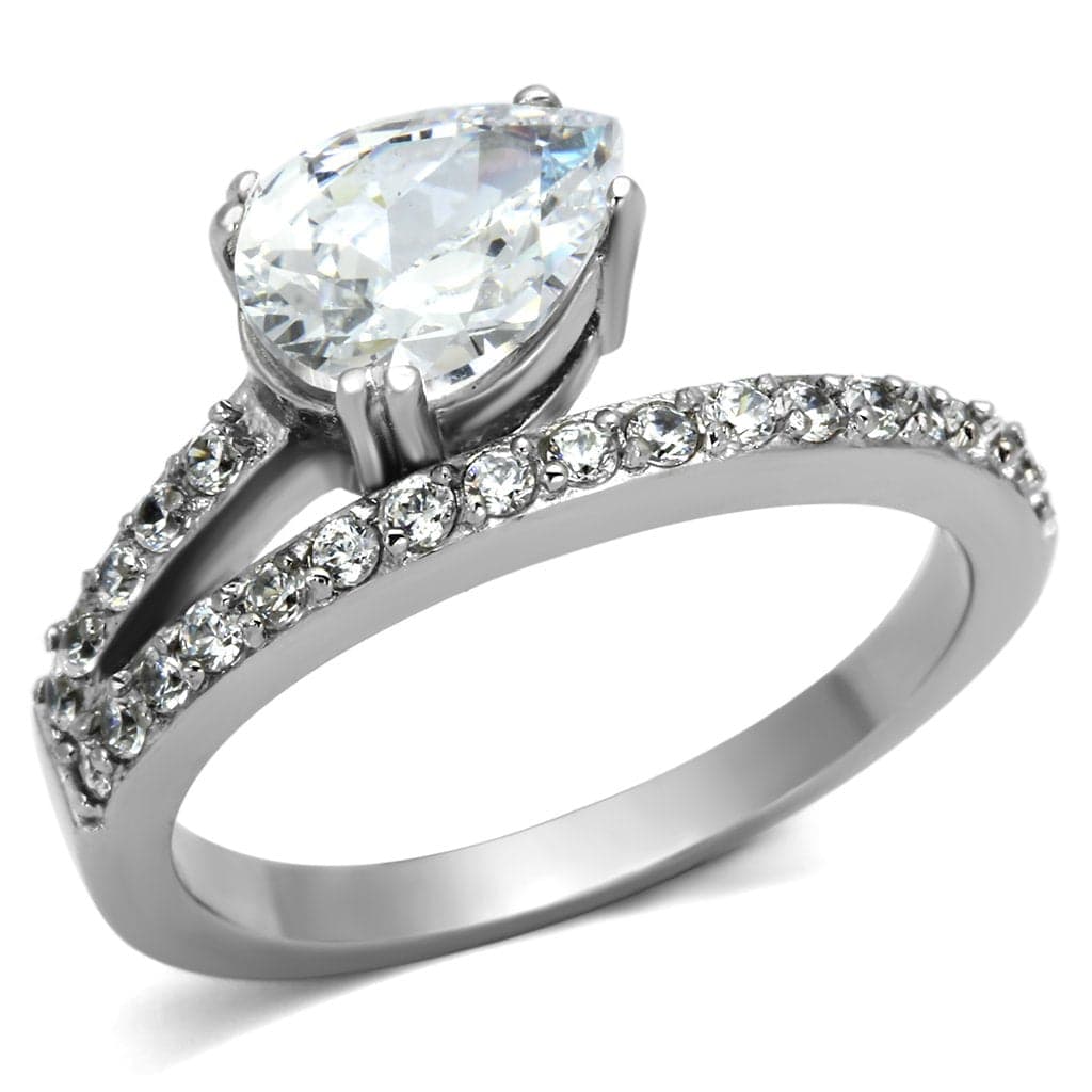 Stainless Steel Silver CZ Pear Solitaire Pave Thin Ring