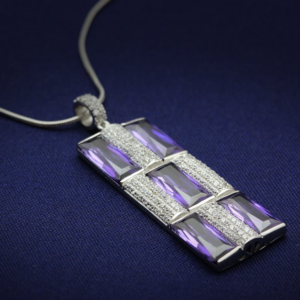 Sterling Silver Amethyst Baguette Grid Pave Pendant