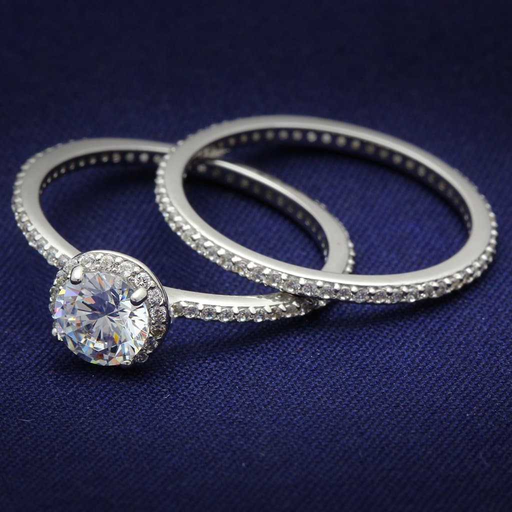 Sterling Silver CZ Round Halo Pave Eternity Bridal Set Ring