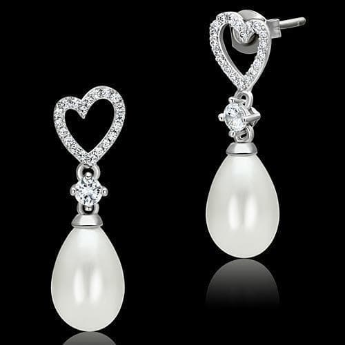 Sterling Silver CZ Heart Pearl Teardrop Drop Earrings