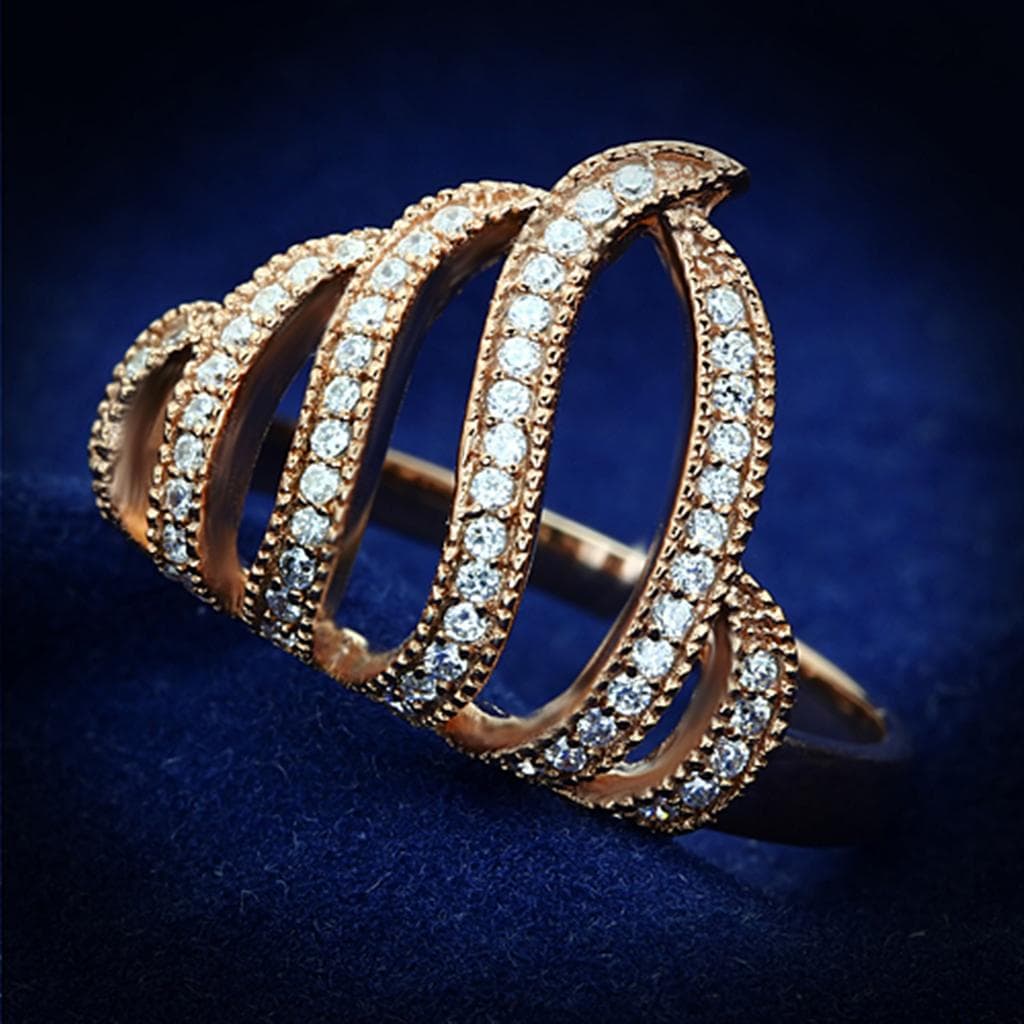 Sterling Silver Rose Gold CZ Triple Spiral Coil Ring