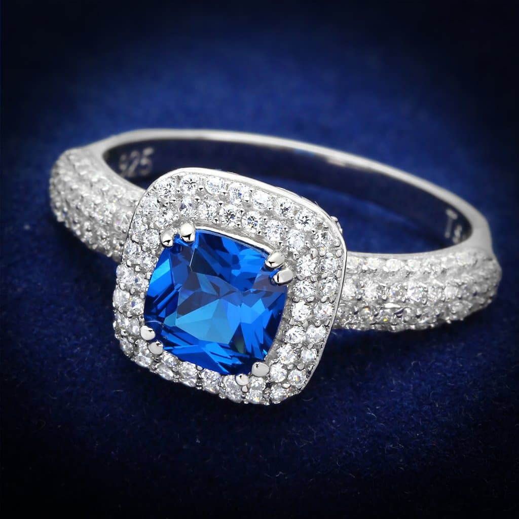 Sterling Silver Blue Sapphire Cushion Halo Pave Ring