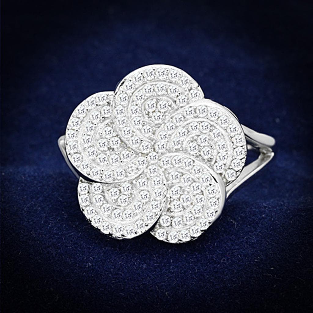 Sterling Silver CZ Pave Flower Clover Dome Ring