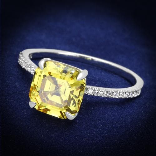 Sterling Silver Yellow CZ Cushion Solitaire Pave Ring