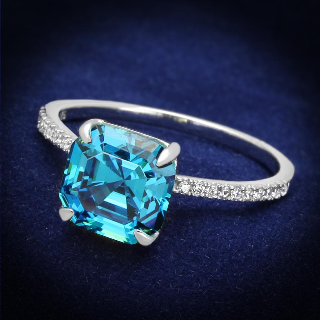 Sterling Silver Aqua Blue CZ Cushion Solitaire Pave Ring