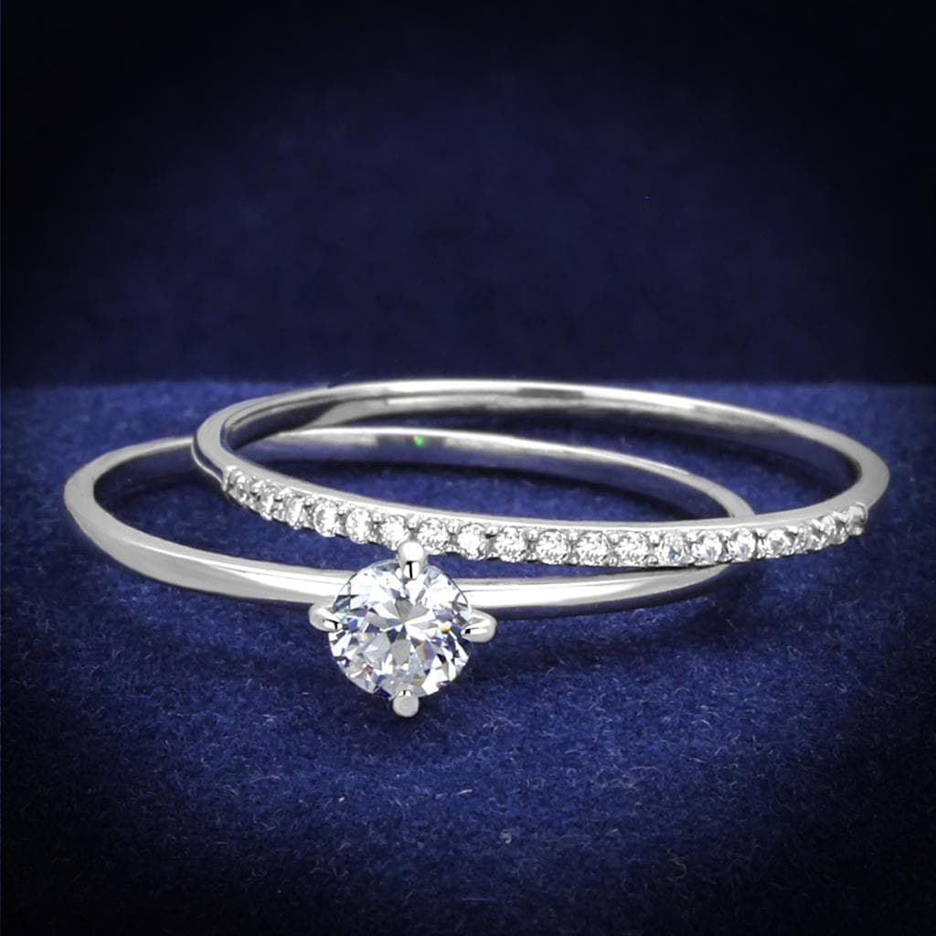 Sterling Silver CZ Round Solitaire Pave Bridal Set Thin Ring
