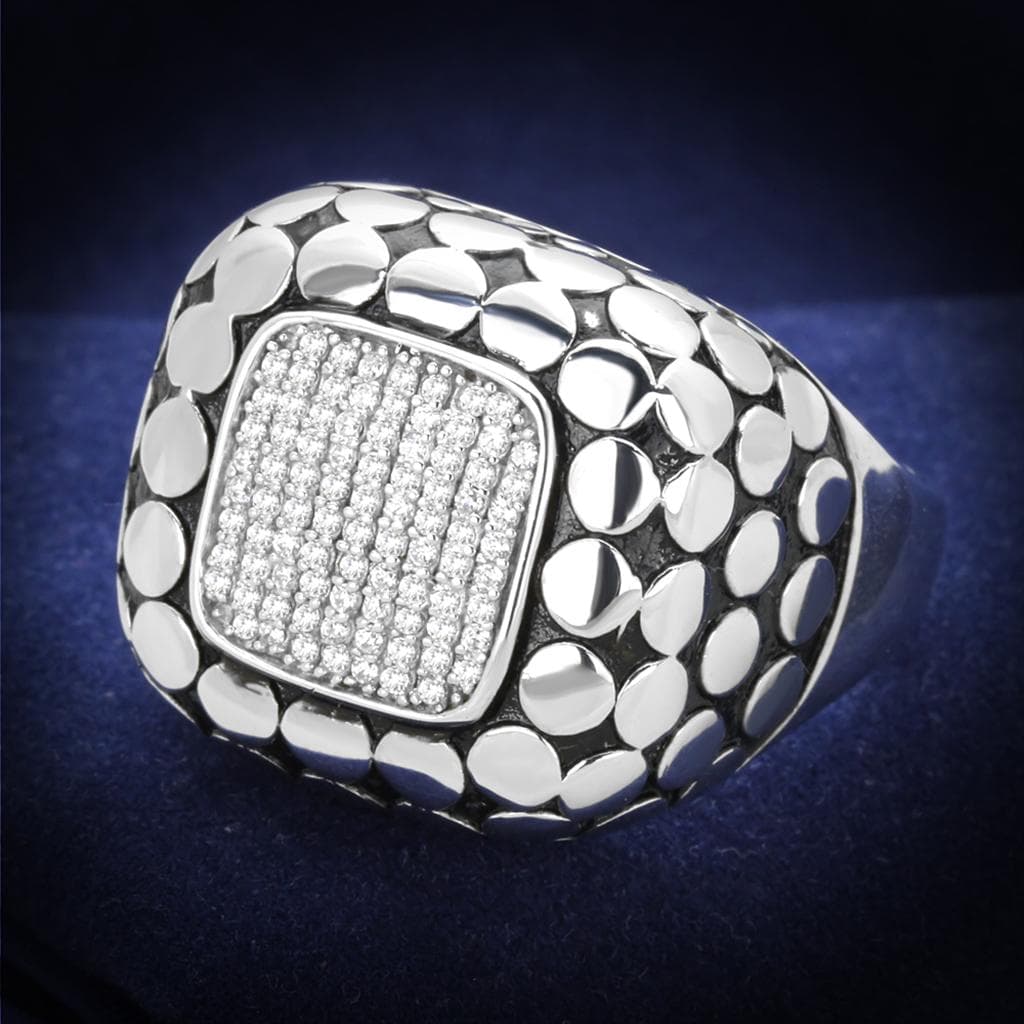 Sterling Silver CZ Pave Square Cobblestone Dome Signet Ring