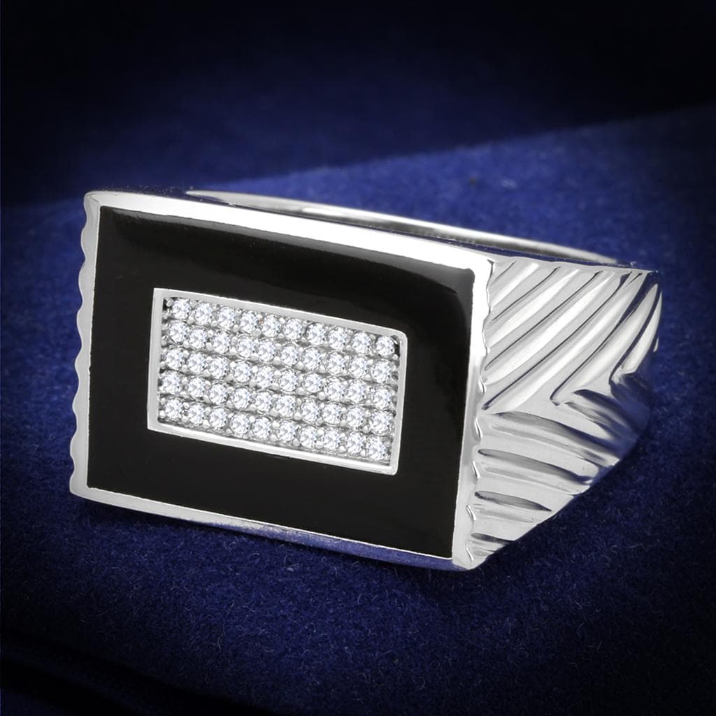 Sterling Silver Black Onyx CZ Pave Ribbed Signet Ring