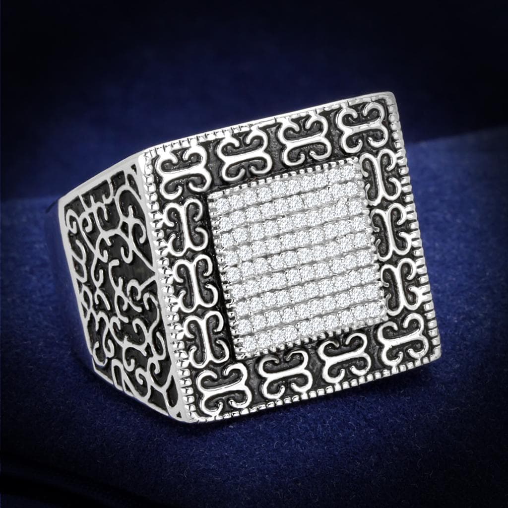 Sterling Silver CZ Pave Square Filigree Large Signet Ring
