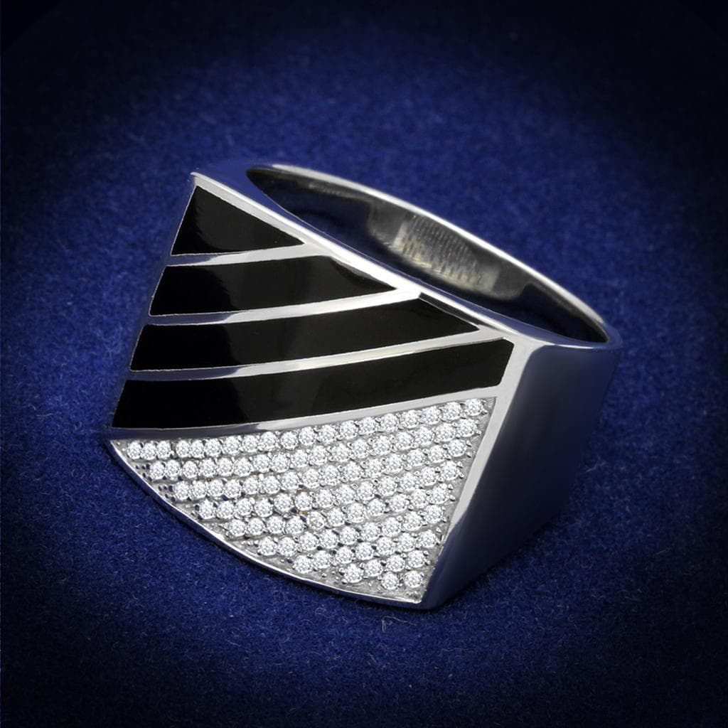 Sterling Silver Black Onyx CZ Pave Chevron V Signet Ring