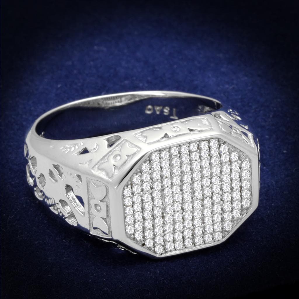 Sterling Silver CZ Pave Square Filigree Ridged Signet Ring