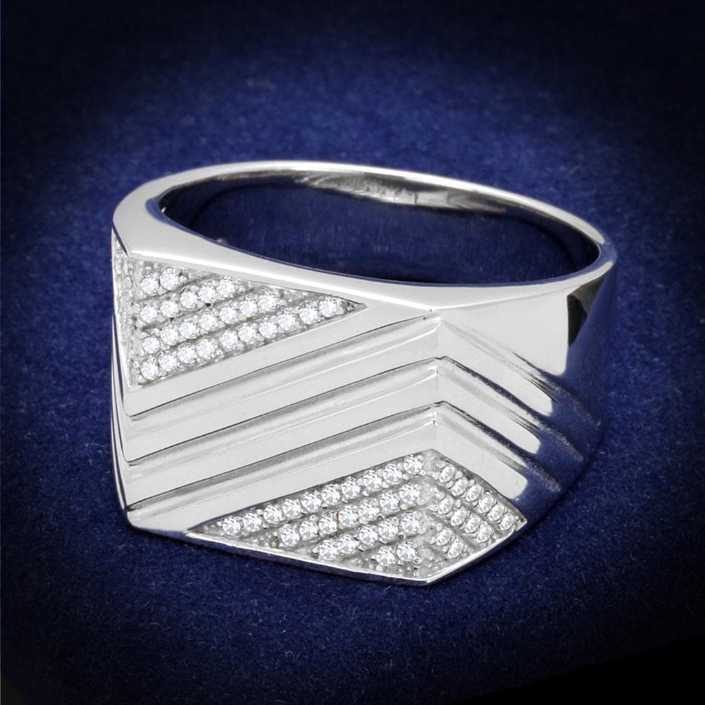 Sterling Silver CZ Pave Diagonal V Triangle Signet Ring