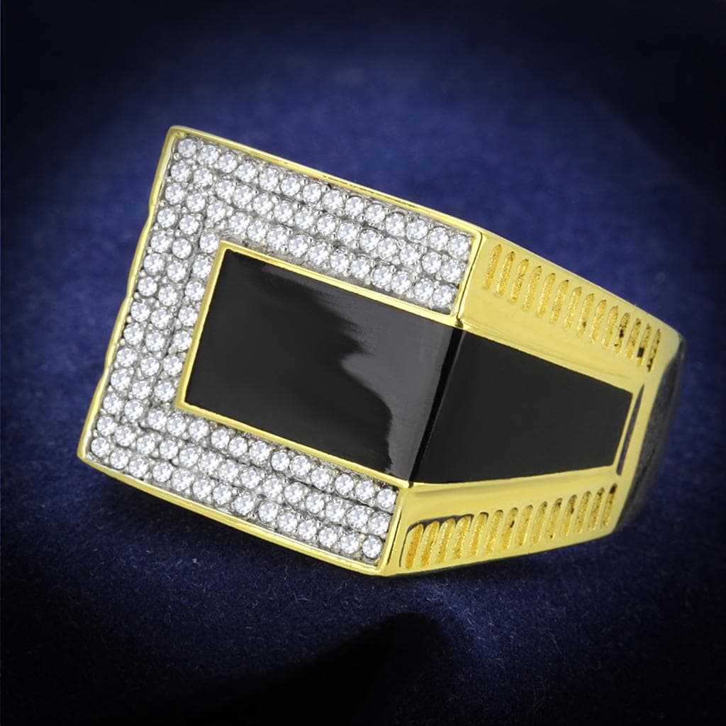 Sterling Silver Gold Two Tone Black Onyx CZ Pave Rectangle Ring