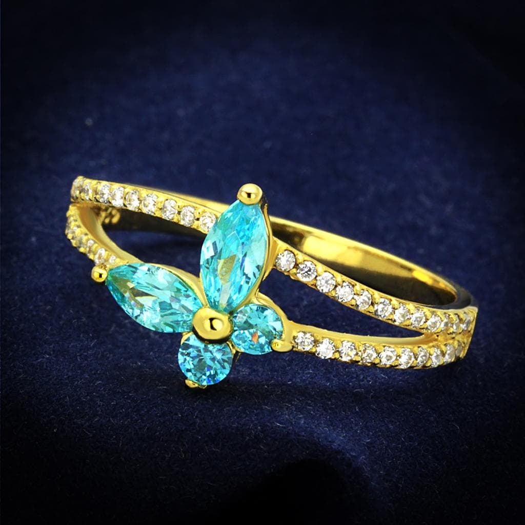 Sterling Silver Gold Two Tone Aqua CZ Butterfly Pave Ring