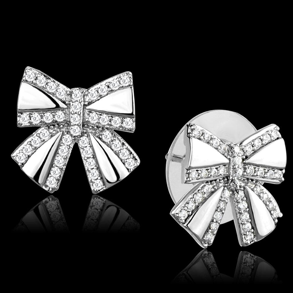 Sterling Silver CZ Pave Bow Ribbon Pearl Drop Stud Earrings