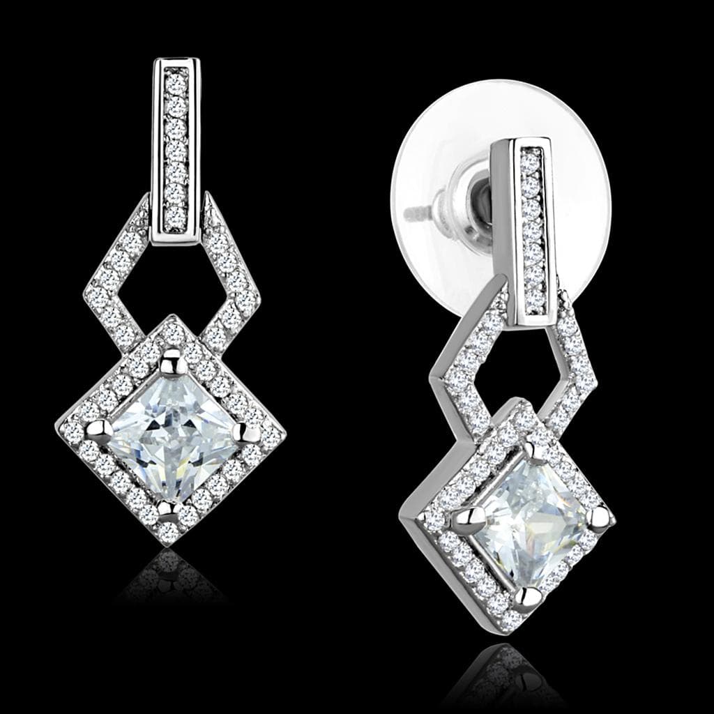 Sterling Silver CZ Princess Diamond Frame Drop Earrings