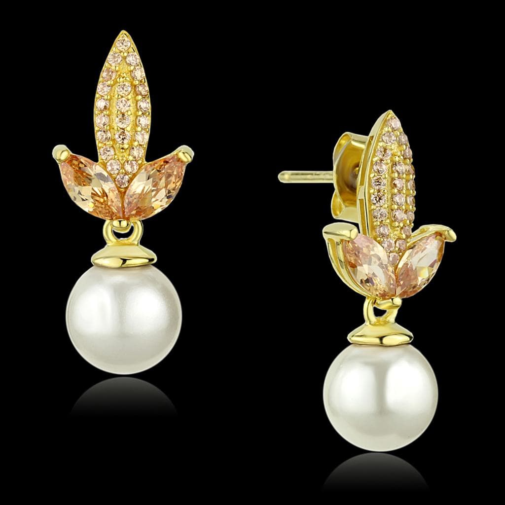 Sterling Silver Gold Two Tone Champagne CZ Leaf Pearl Earrings